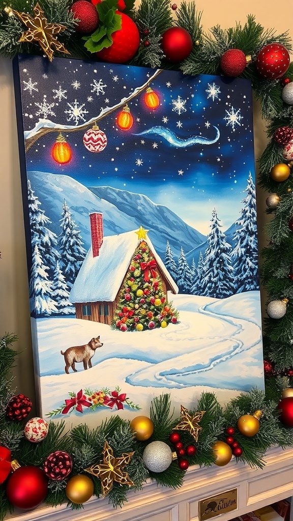 A colorful Christmas canvas painting of a snowy scene with a cabin and Christmas tree.